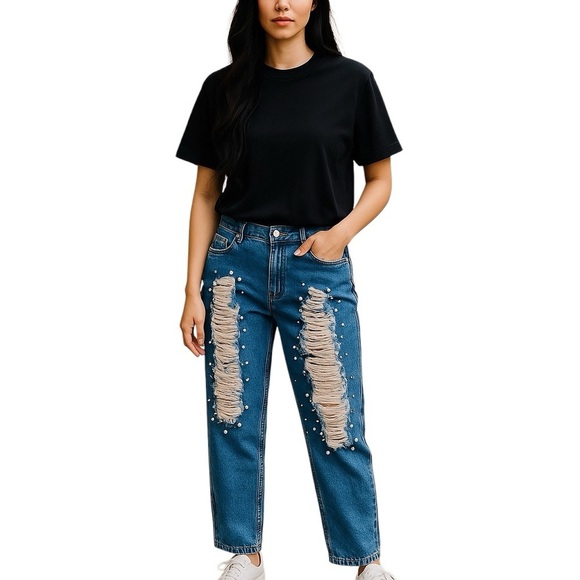 High Waist Ripped Rhinestone Pearl & Silver Ball Embellished Straight Leg Jean… - Picture 1 of 10